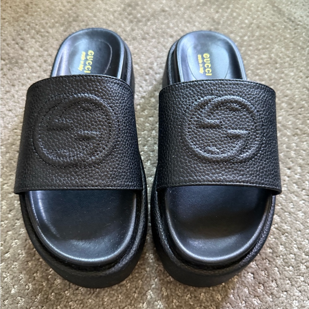 Gucci Embossed Black Platform Slides